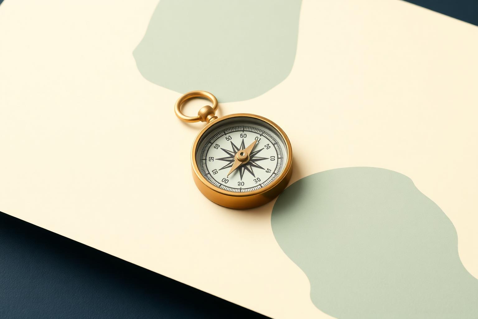 A small brass compass lies on cream-colored paper surrounded by soft green shapes.