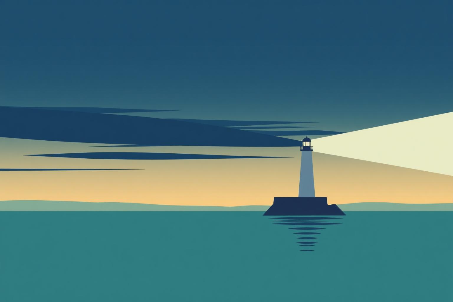 A lighthouse shines across still teal water in an evening illustration.