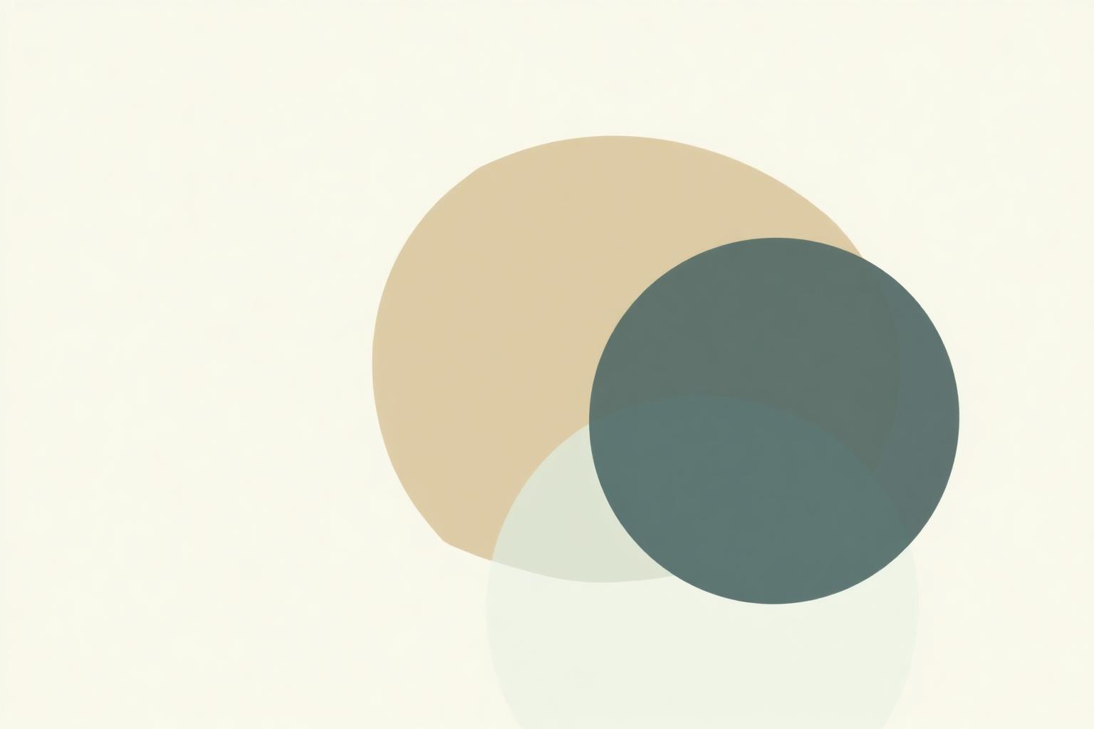 Three overlapping circles in sand, slate green, and pale green appear against a cream background.