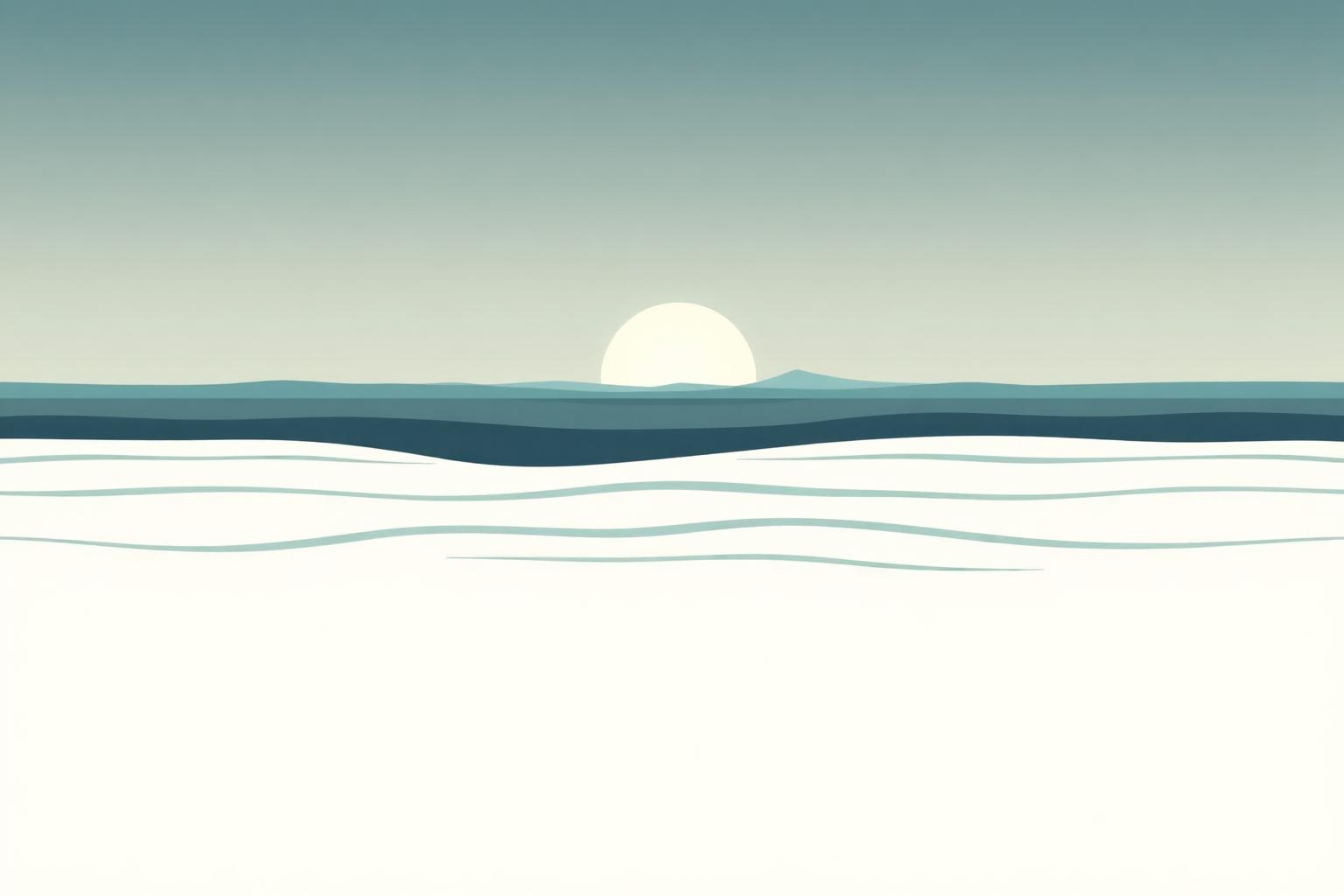 A soft-colored sun rises over a tranquil sea horizon, with mild ripples beneath it.