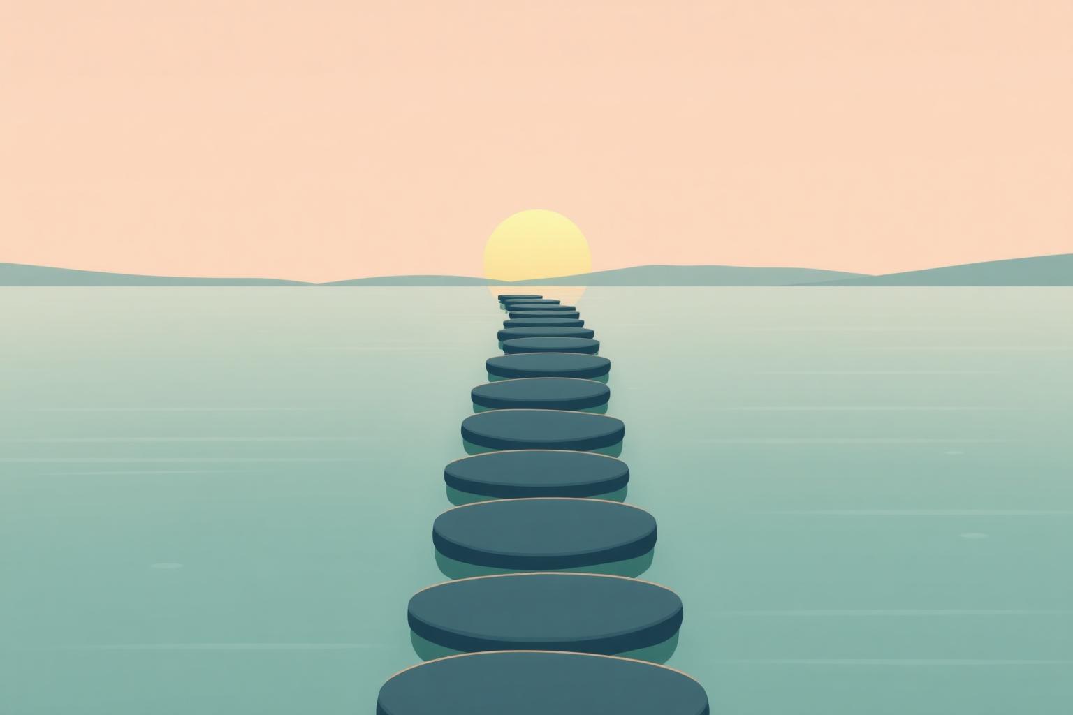 A depiction of circular stepping stones crossing calm water toward a sun rising in the distance.